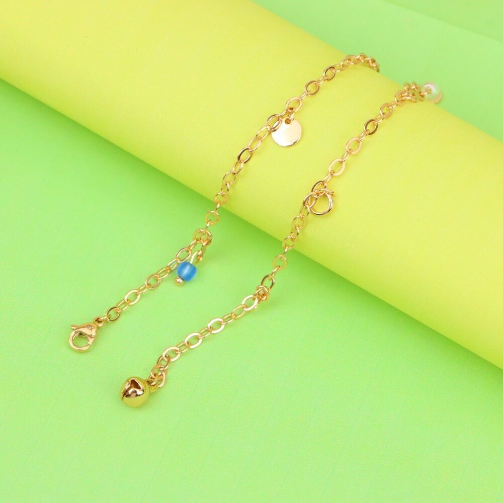 "Rose Gold Anklet with Pearl Drops & Blue Bead, XPAL1167